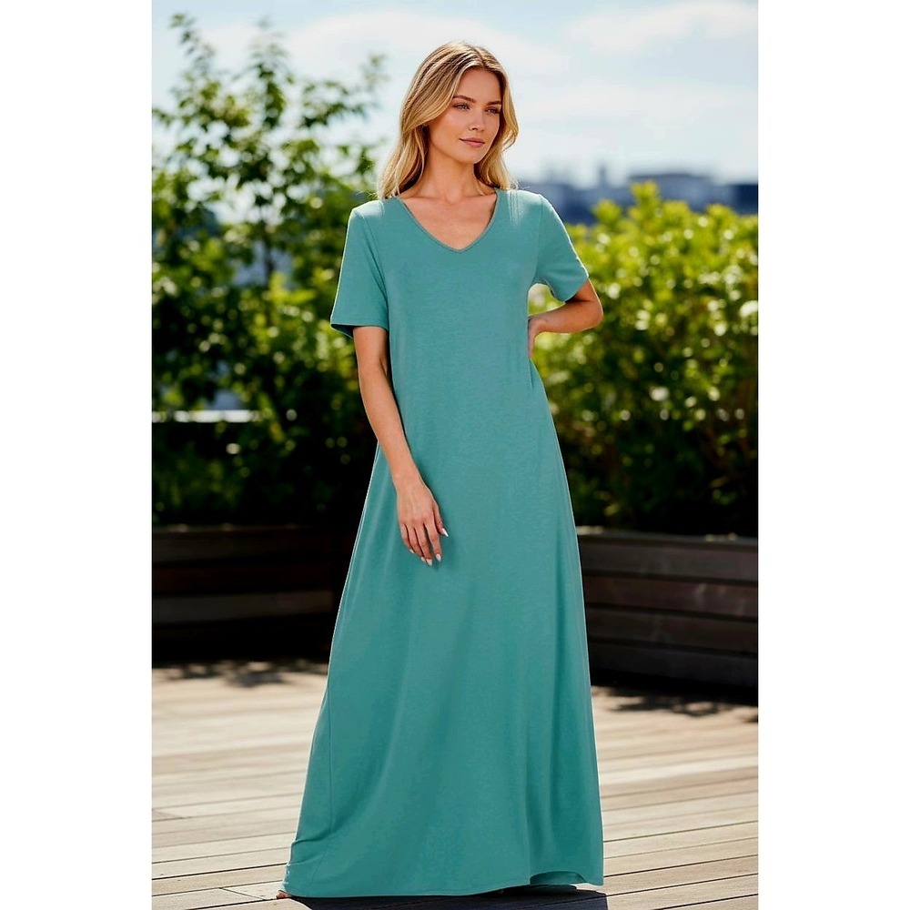 Soft Surroundings Teal Maxi Dress Small‎ Stretchy Lagenlook Boho Minimal